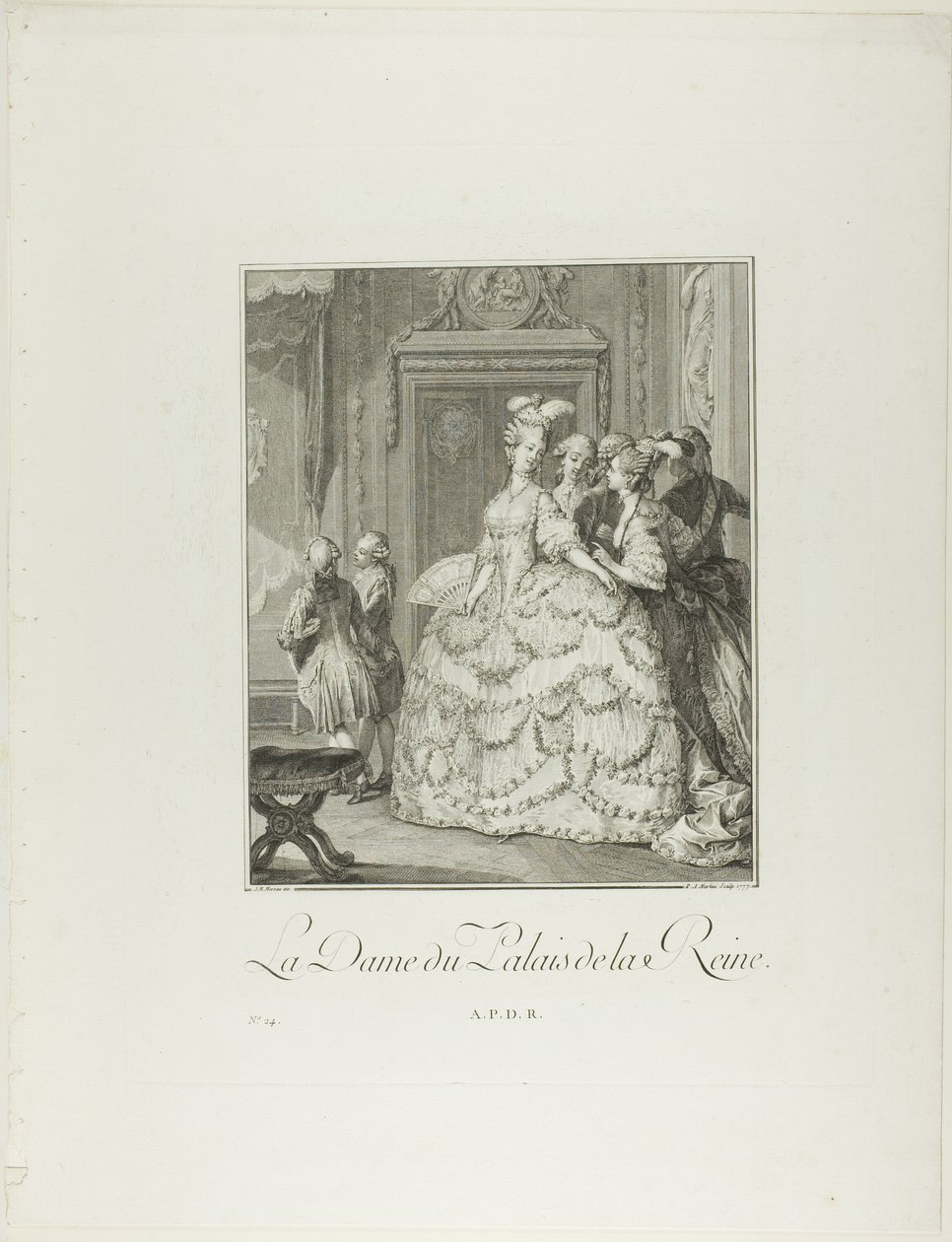 La dama de compañía de la reina, de Monument du Costume Physique et Moral de la fin du Dix-huitième siècle de Pietro Antonio Martini