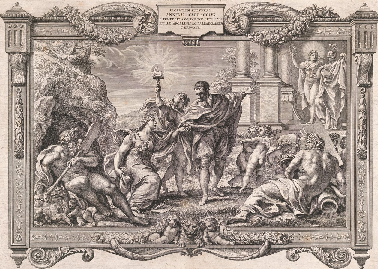 Annibale Carracci presenta la pintura a Apolo y Minerva, 1674 de Pietro Aquila
