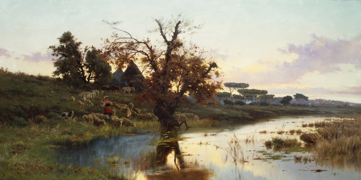Bandada al atardecer (óleo sobre lienzo) de Pietro Barucci