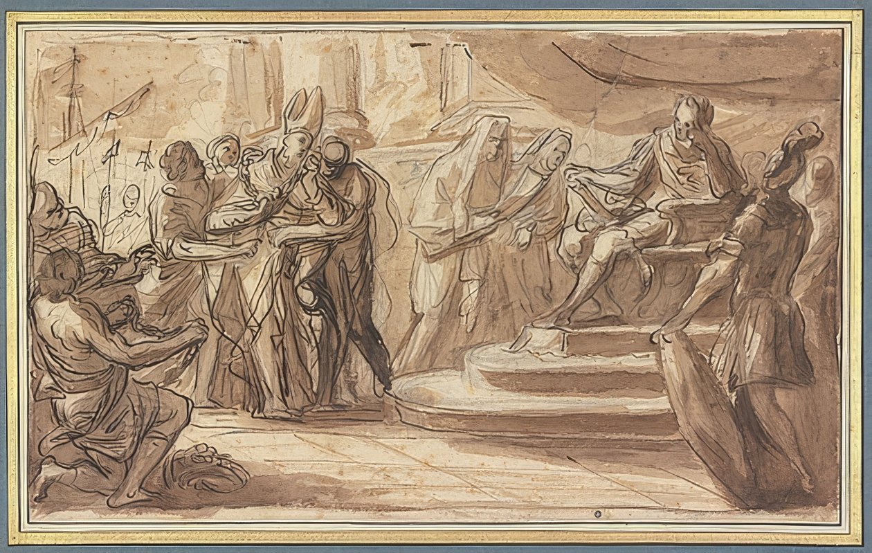 Un obispo es llevado encadenado ante un emperador romano de Pietro Bianchi