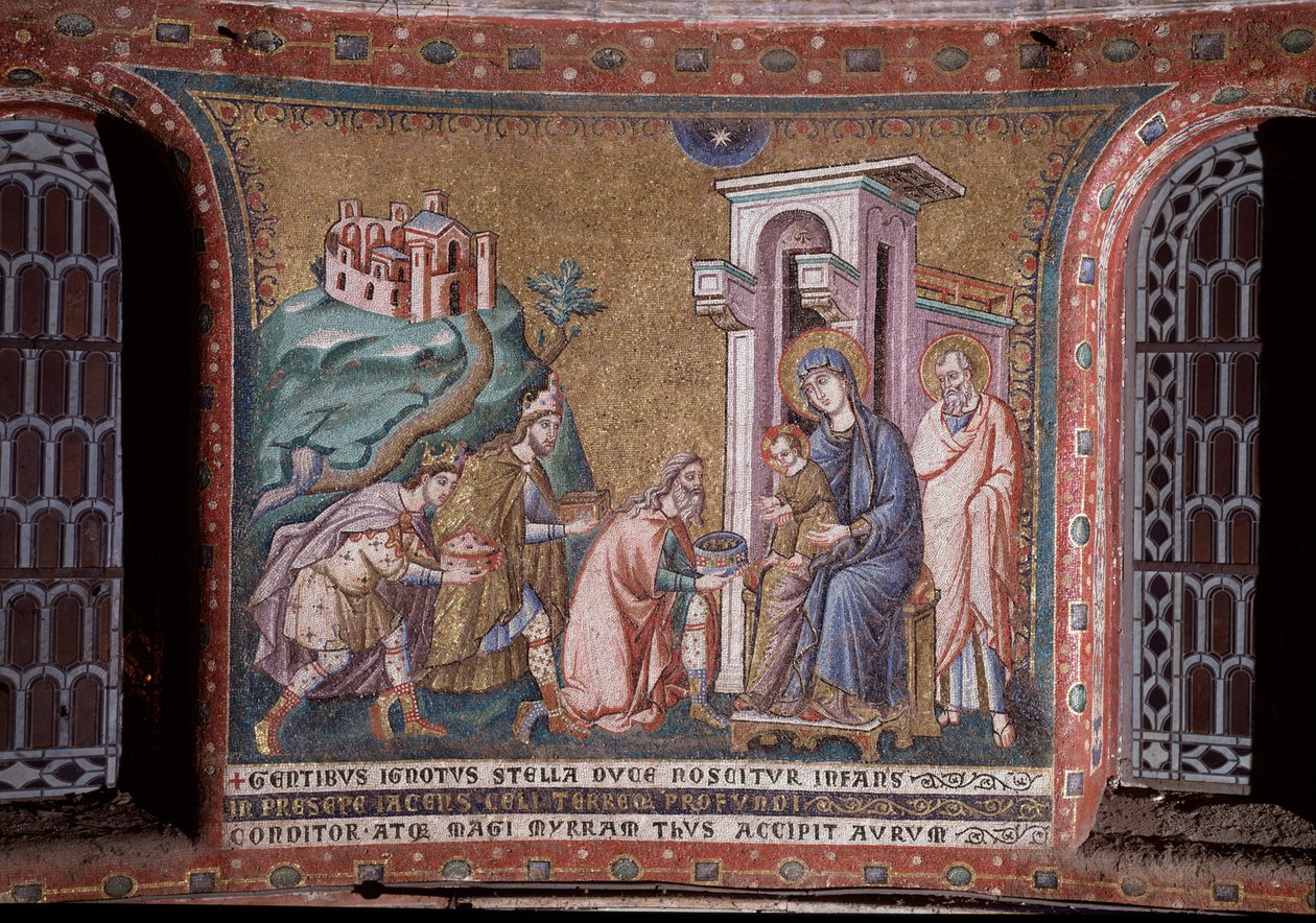 Adoración de los Magos, mosaico del ábside de Pietro Cavallini, finales del siglo XIII, Roma, Iglesia Santa Maria in Trastevere de Pietro Cavallini