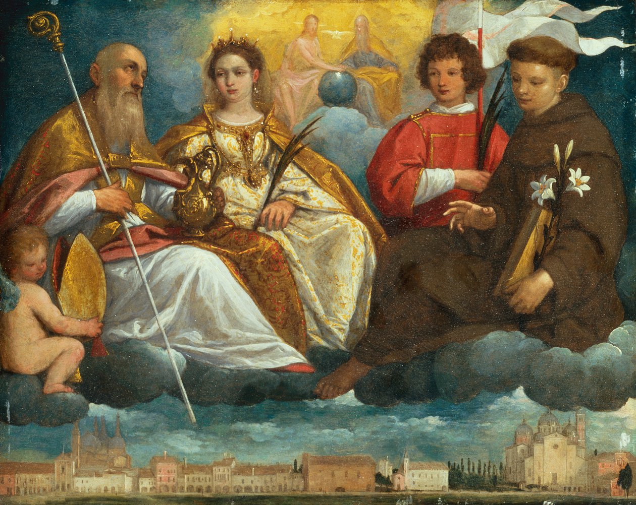 San Prosdocimus, Justina, Daniel y Antonio de Padua en Gloria con una vista del Prato Della Valle, Padua de Pietro Damini