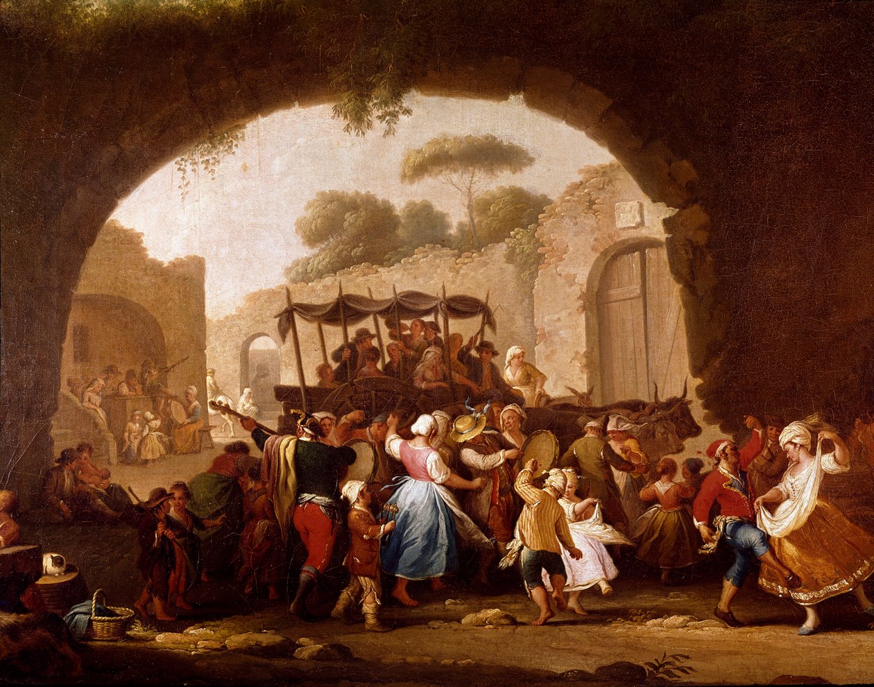 Escena de baile y fiesta popular en Nápoles (detalle). Bailarines de tarantela. Pintura de Pietro Fabris (activo entre 1763 y 1776) Siglo XVIII. Nápoles, Museo Nacional de San Martino de Pietro Fabris