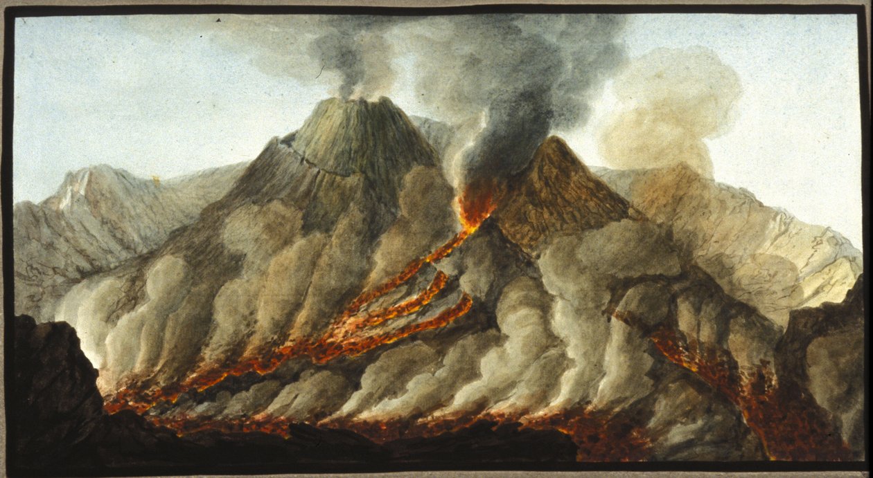 El Vesubio en erupción. Esta gouache fue realizada por Pierre Fabris, a petición de Sir William Hamilton, embajador inglés en Nápoles. Bibl. Braidense, Milán de Pietro Fabris
