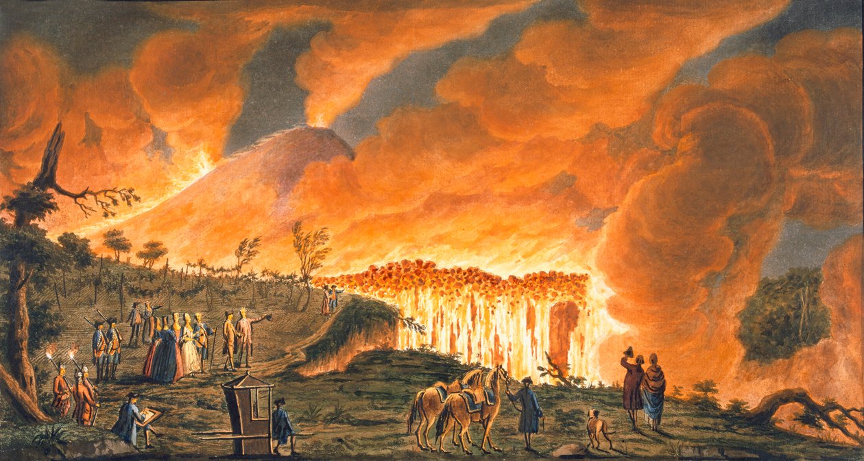 Vista de Hamilton escoltando a sus majestades sicilianas el 11 de mayo de 1771, para observar el flujo de lava de Pietro Fabris