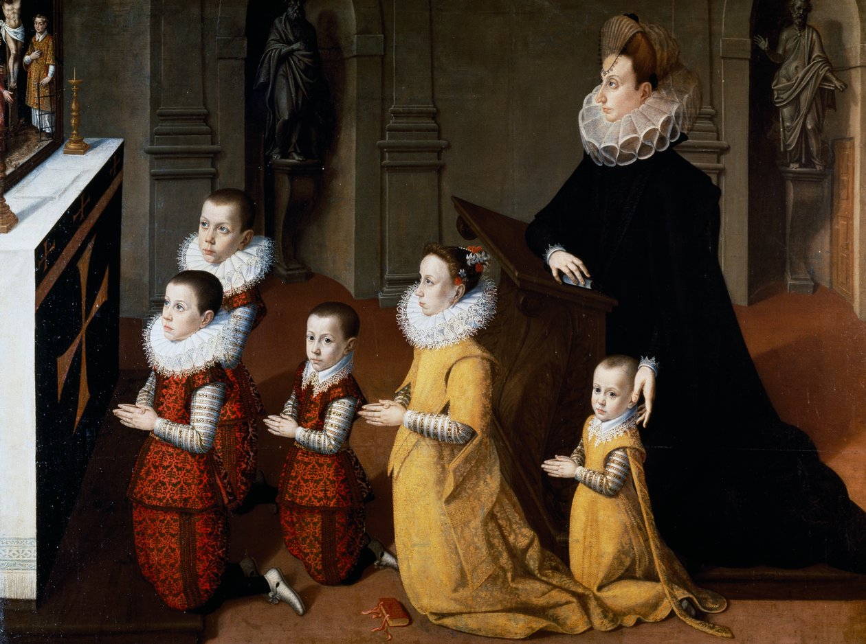 Retrato de Chiara Albini Petrozzani con sus hijos en oración de Pietro Facchetti