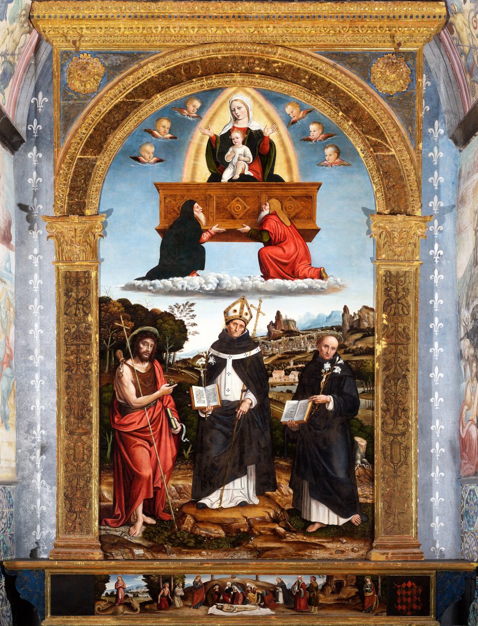 Madonna Odigitria con los santos Juan Bautista, Antonino de Florencia y Nicola da Tolentino, firmado y fechado de Pietro Francesco (1485 1528) Sacchi