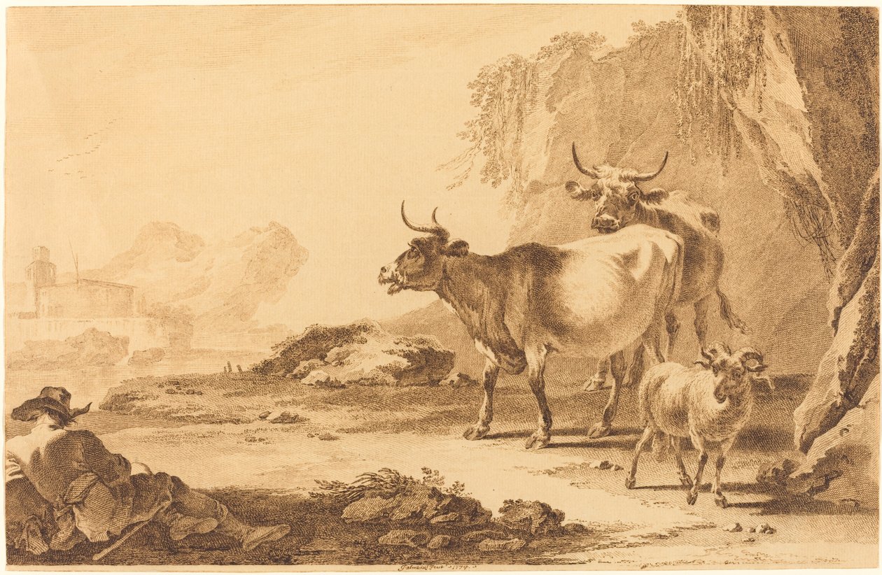 Paisaje con ganado, una cabra y un pastor descansando de Pietro Giacomo Palmieri