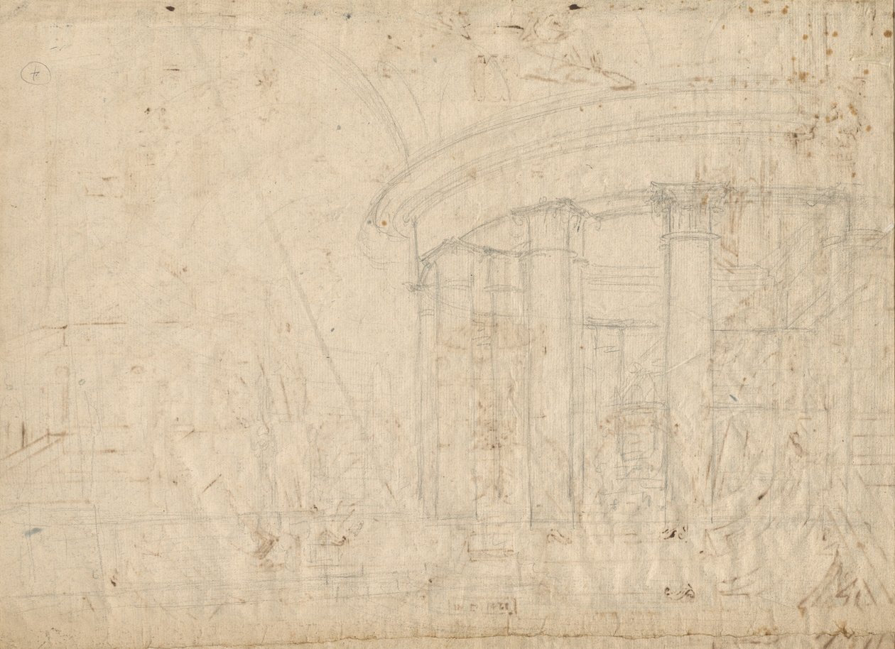 Fantasía arquitectónica en un templo redondo con un deambulatorio (verso) de Pietro Gonzaga