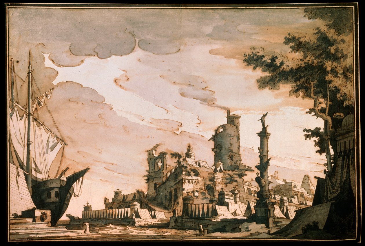Puerto marítimo, diseño de escenario para una obra de teatro, 1818 de Pietro Gonzaga