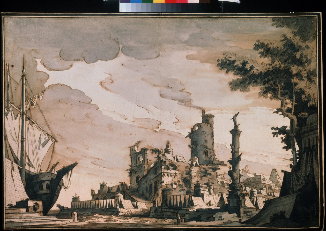 Decoración Teatro ""Vista De Un Puerto"". Acuarela de Pietro di Gottardo Gonzaga (1751-1831) 1818. Acuarela y tinta sobre papel. Moscú, Museo Pushkin de Pietro Gonzaga