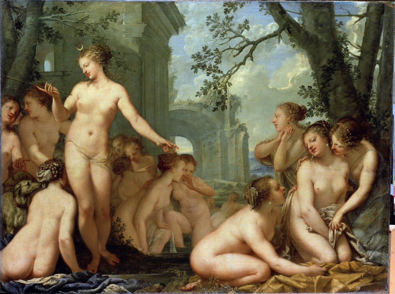 Diana y Calisto (Diana y Calisto). Mitología griega: Diana descubre el embarazo de la ninfa embarazada Calisto de Zeus. Pintura de Pietro Liberi (1614-1687). arte barroco Óleo sobre tela. Museo del Hermitage San Petersburgo de Pietro Liberi