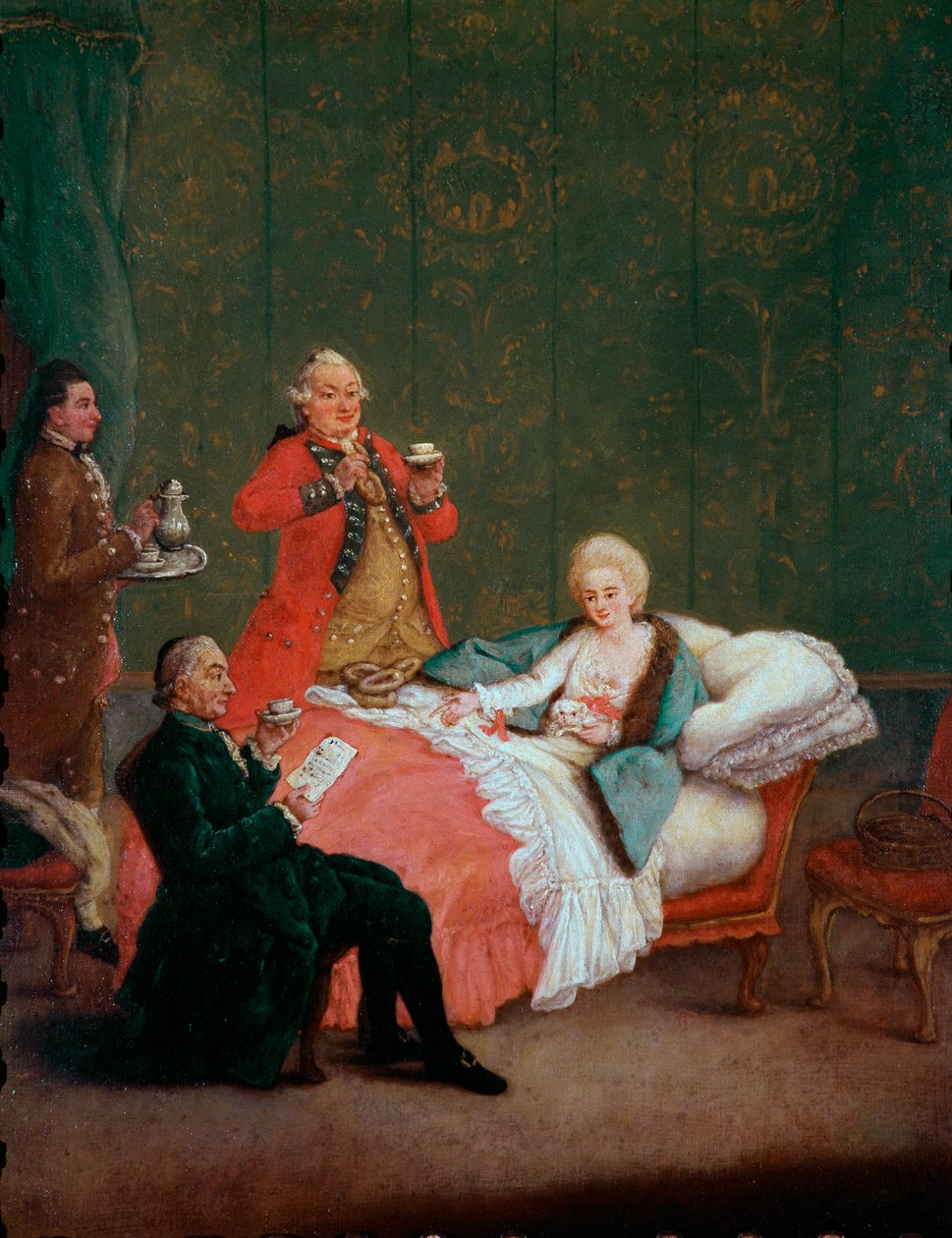 Chocolate matutino, joven mujer de la nobleza en su cama servida por tres hombres de Pietro Longhi