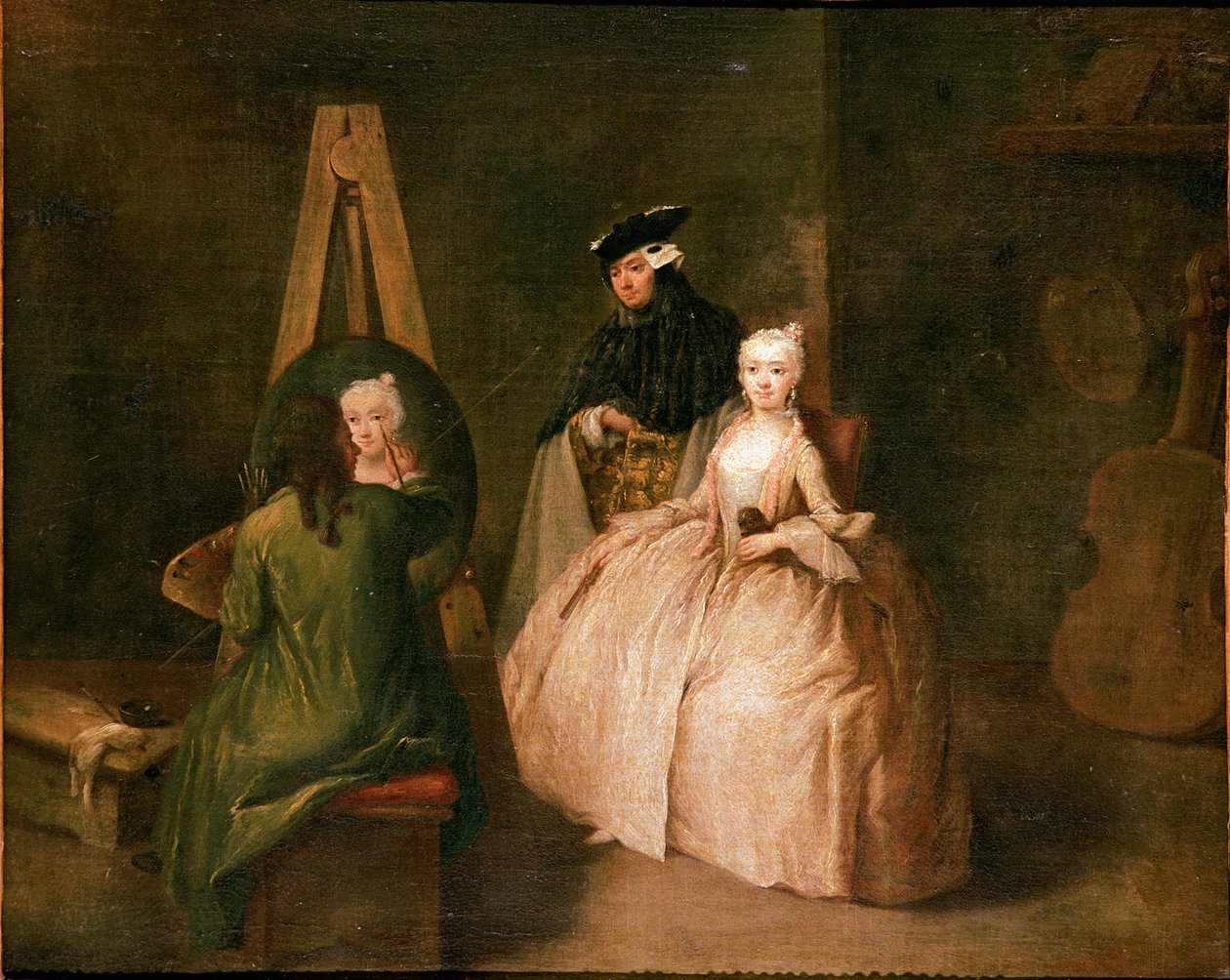 El estudio del pintor. El pintor frente a su caballete retrata a una joven. Pintura de Pietro Longhi (1702-1785) 1740-1745 de Pietro Longhi