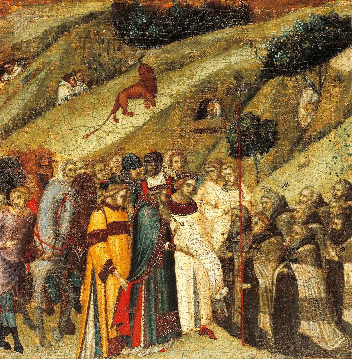 Primeros ermitaños carmelitas en el manantial de Elías, (detalle) de la predela del retablo para Carmine, Pietro Lorenzetti (circa 1280-1348), temple y oro sobre tabla de madera de Pietro Lorenzetti