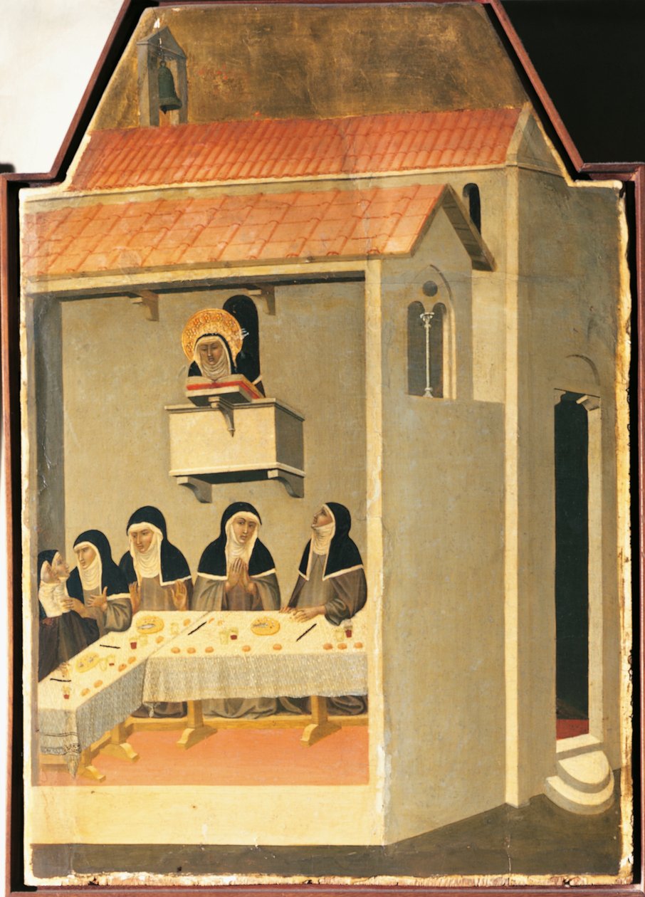 La Beata Humildad lee milagrosamente en el refectorio de Santa Perpetua, azulejo del retablo de la Beata Humildad de Pietro Lorenzetti
