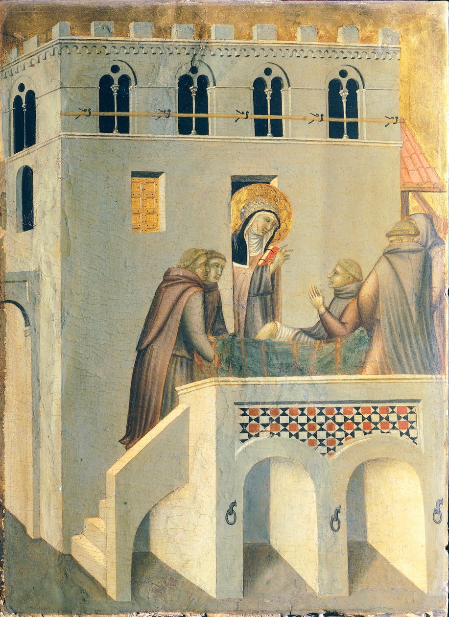 El bendito cura el pie de un monje de la Abadía de Vallombrosa, azulejo en el retablo de la Beata Humildad de Pietro Lorenzetti