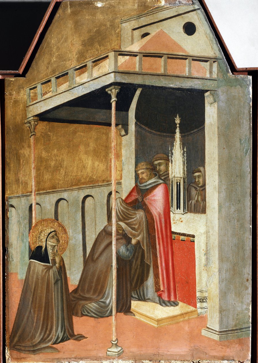 Ugolotti toma el hábito monástico (detalle del políptico vida de Santa Humildad) de Pietro Lorenzetti