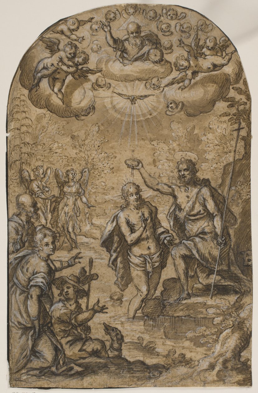 El bautismo de Cristo con Dios Padre y ángeles entre nubes de Pietro Mera