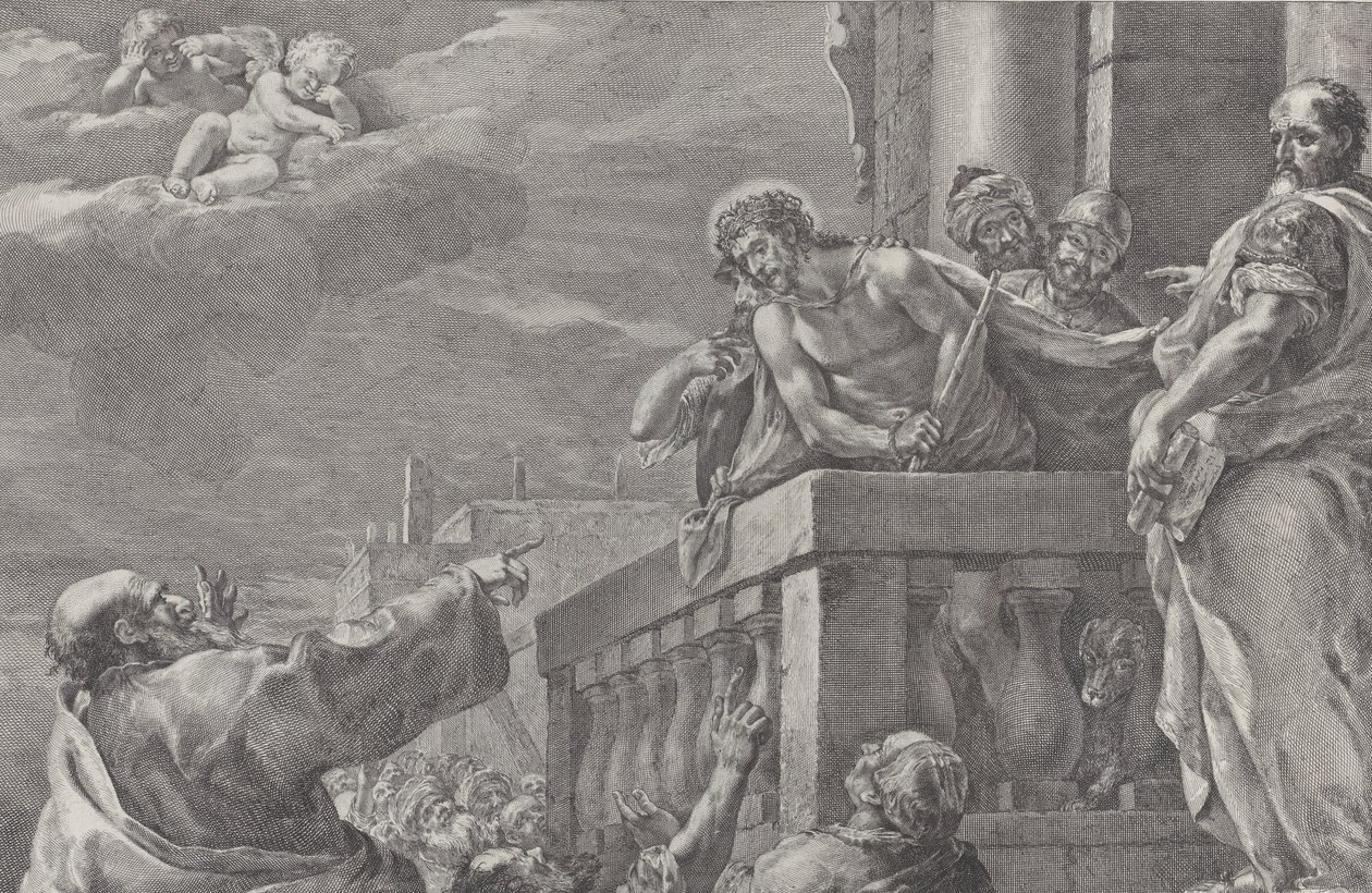 Cristo en un balcón rodeado de guardias, Pilato está a la derecha gesticulando, ca. 1730-1739 de Pietro Monaco