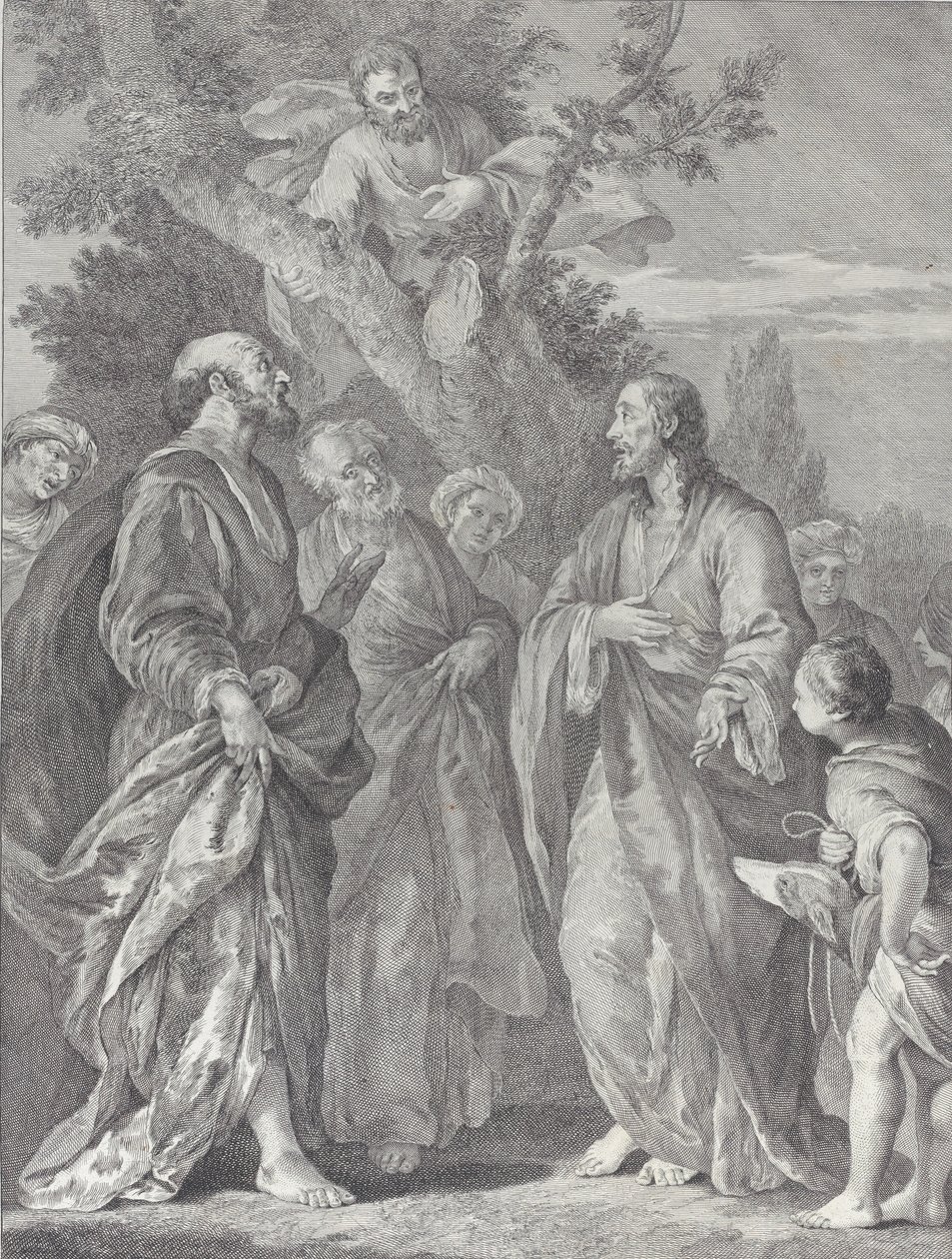 Conversión de Zaqueo, con Cristo a la derecha dirigiéndose al recaudador de impuestos, 1730-39 de Pietro Monaco