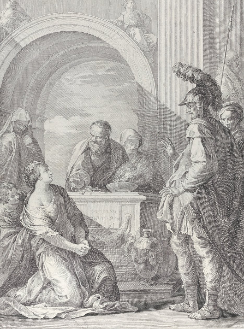 La hija de Jefté arrodillada junto al altar sacrificial, con su padre de pie a la derecha de Pietro Monaco