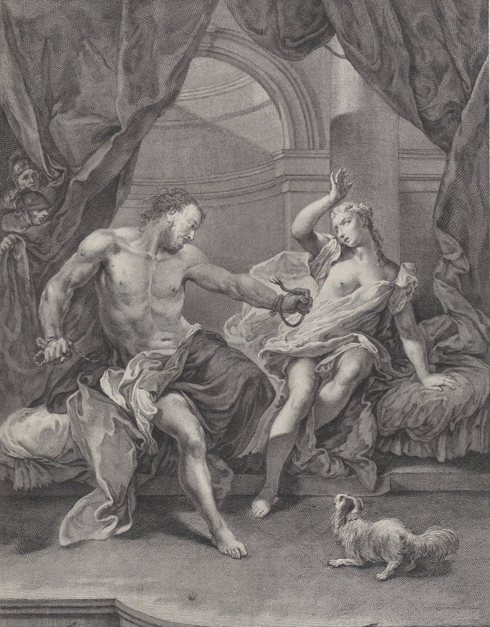 Sansón y Dalila sentados en una cama, Sansón rompiendo las cuerdas que atan su mano..., ca. 1730-39 de Pietro Monaco