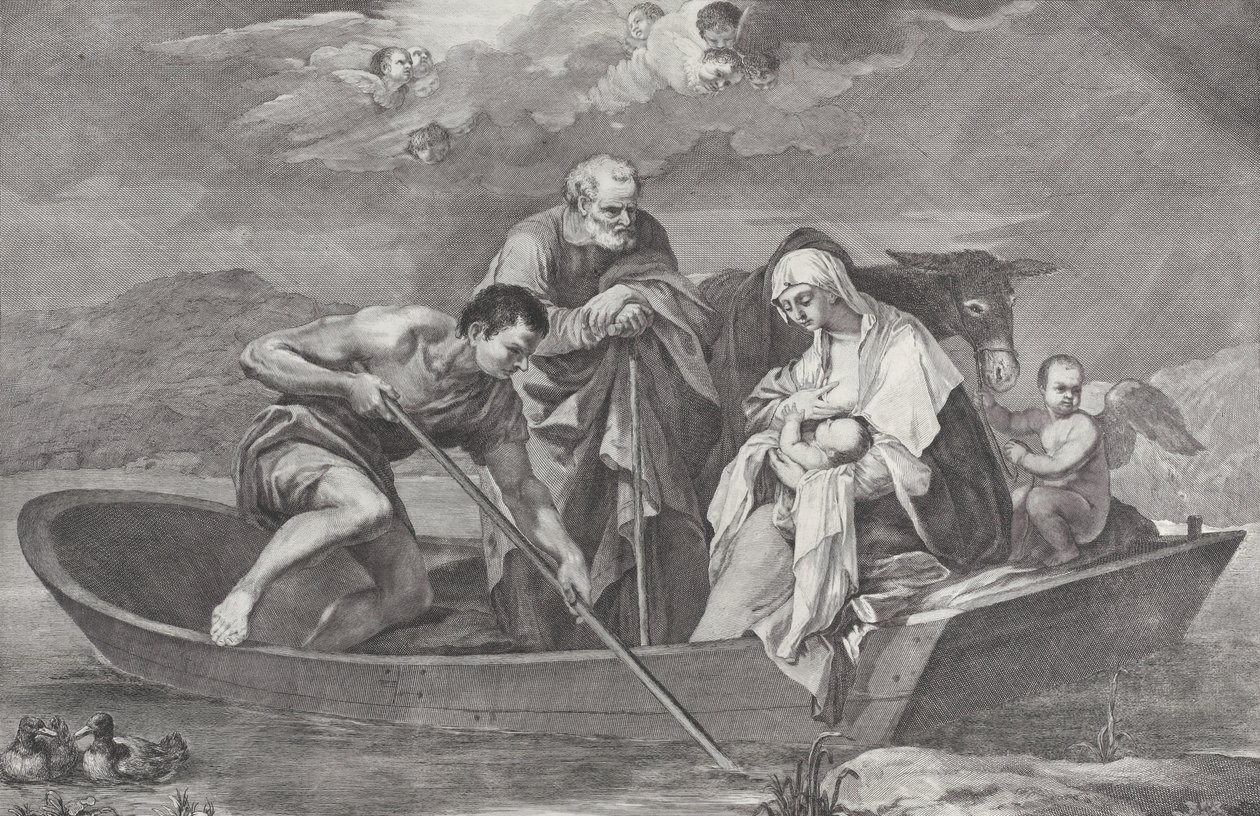 La huida a Egipto, con la Sagrada Familia en un bote, 1730-50 de Pietro Monaco