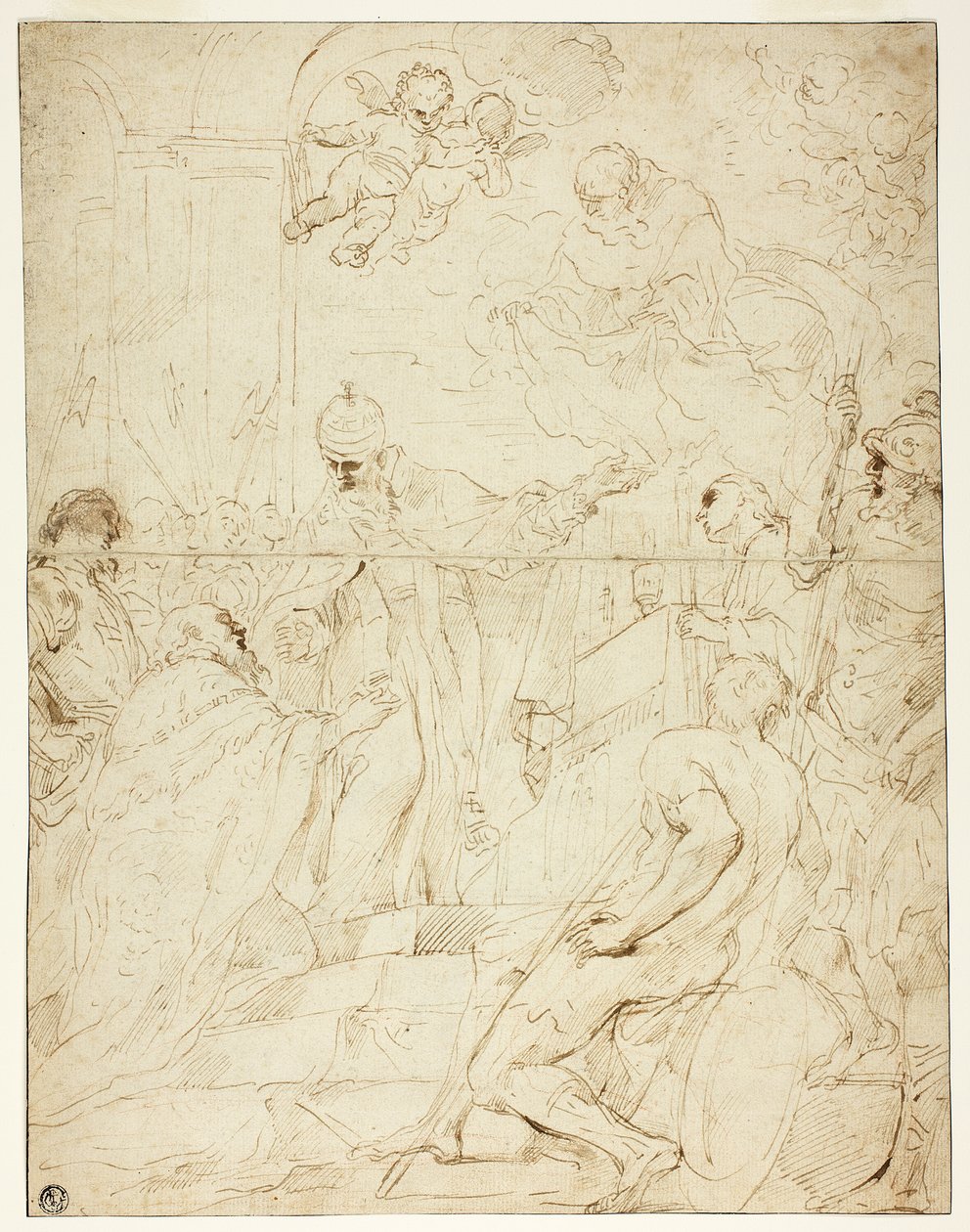 Santo apareciendo al gobernante (recto); Putto volador (verso) de Pietro Novelli