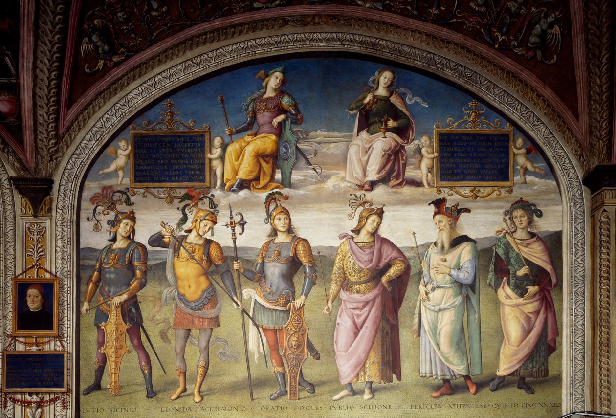 Alegorías de la Fortaleza y la Templanza con Seis Héroes Antiguos de Pietro Perugino
