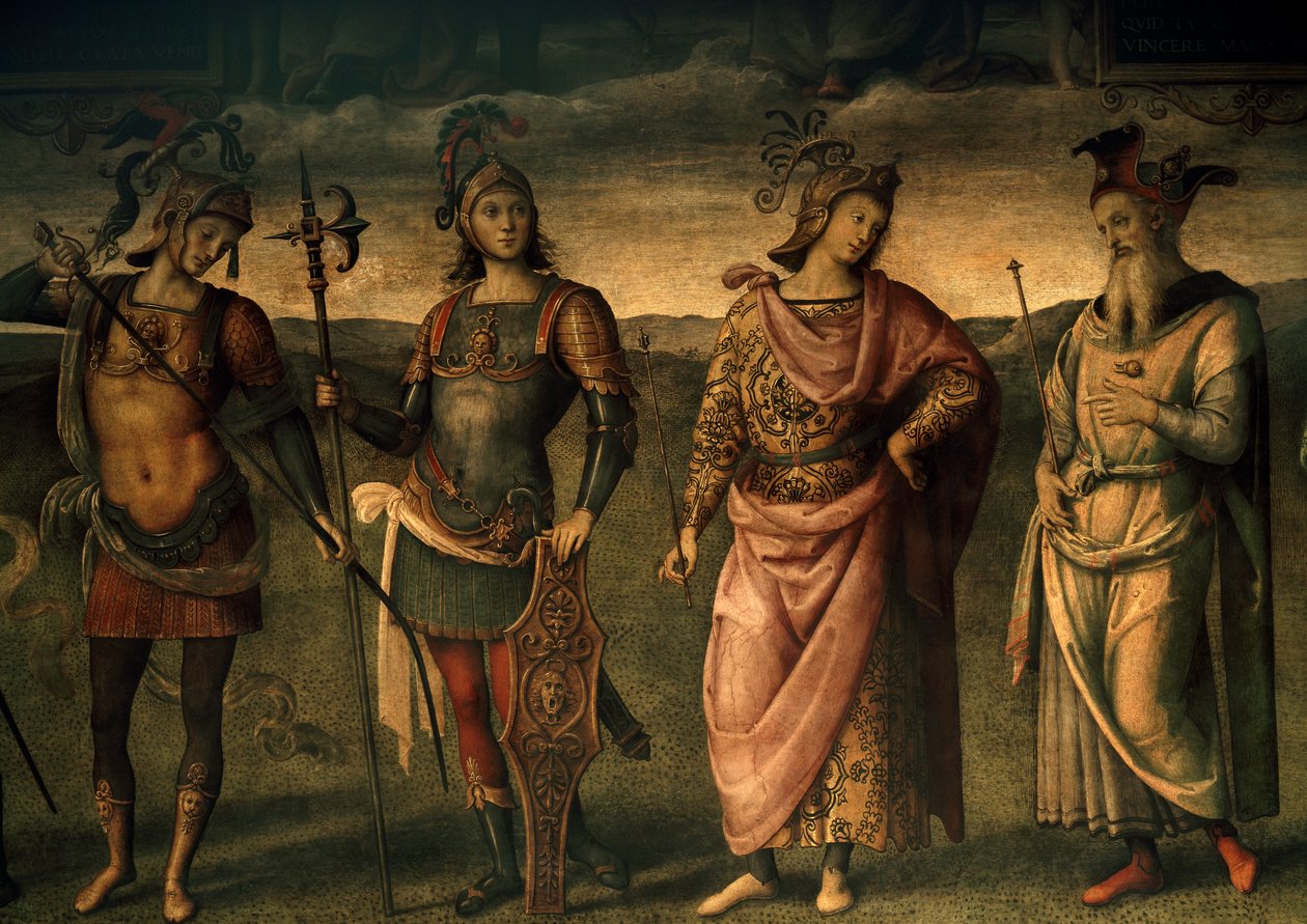 Leonidas Lacedemonio, Horacio Cocles, Publio Escipión, Pericles de Atenas, Alegorías de la Fortaleza y la Templanza con Seis Héroes Antiguos de Pietro Perugino