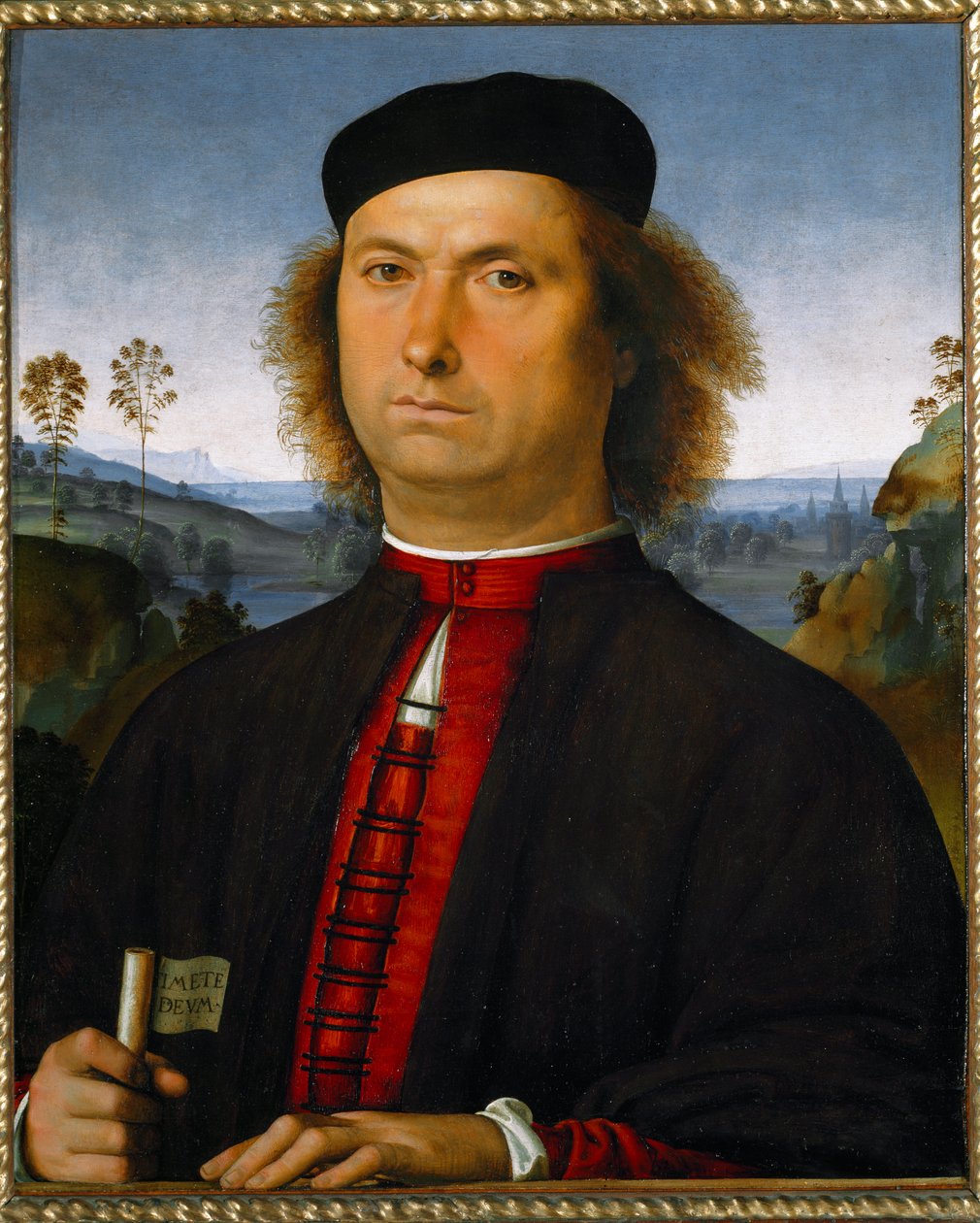 Retrato de Francesco delle Operere. Sostiene un pergamino con la expresión 