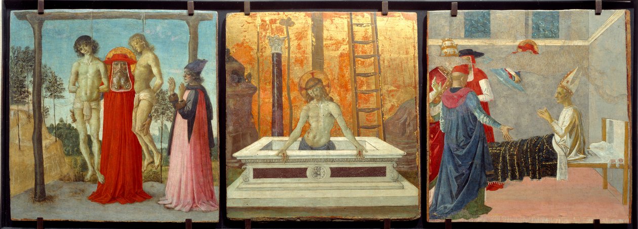 San Jerónimo apoyando a dos jóvenes injustamente colgados, "Cristo en el sepulcro" y "San Jerónimo resucitando al cardenal Andrea" de Pietro Perugino