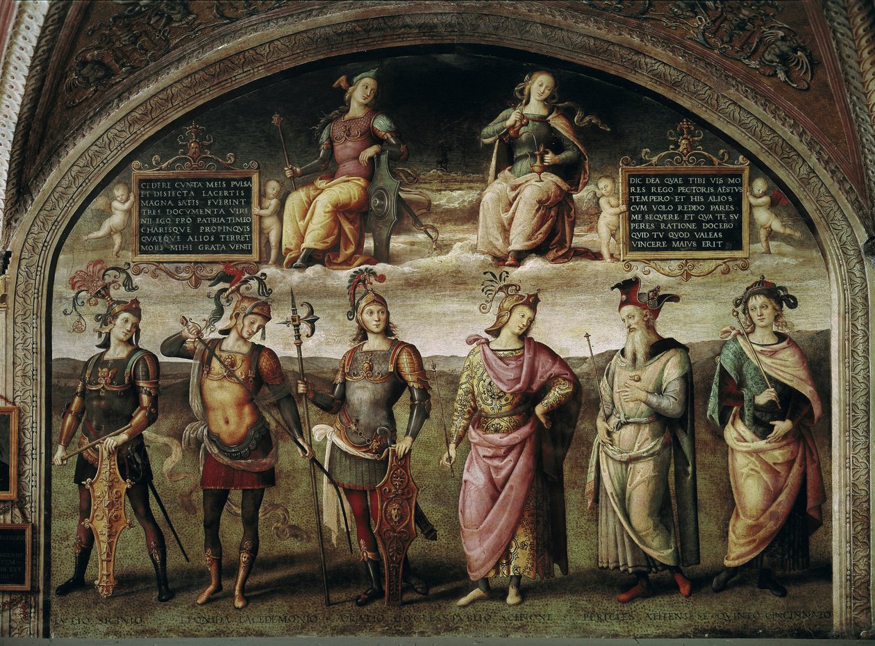 Fuerza y templanza con seis héroes antiguos. A la izquierda, autorretrato del artista en trampantojo, luego de izquierda a derecha, Lucio Licinio Craso (140-91 a.C.), Leónidas I de Esparta (540-480 a.C.), Rey de Lacedemonia, Publio Cornelio Escipión (255-2 de Pietro Perugino