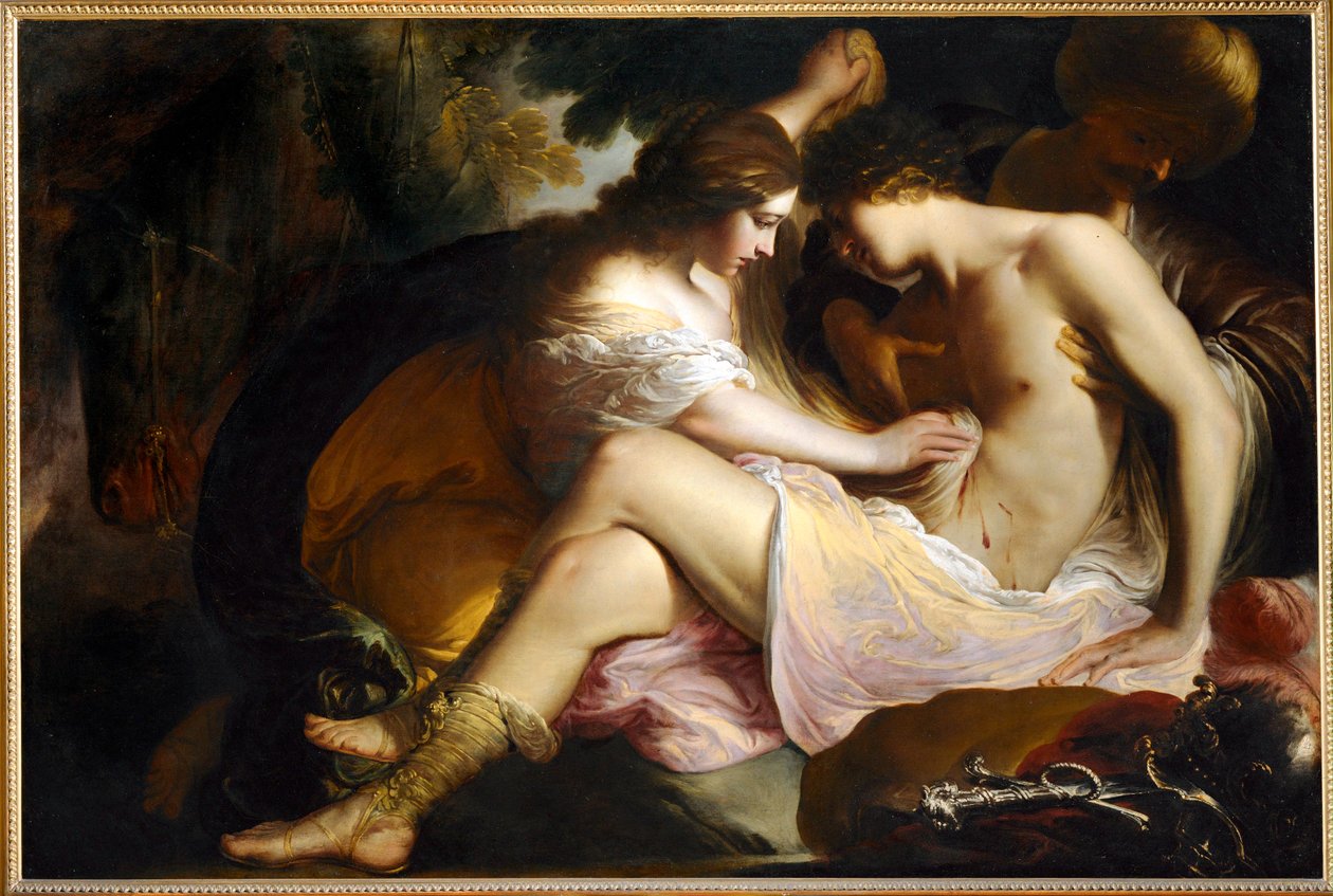 Tancredo herido, atendido por Hermione, tras el duelo con Argante el Sarraceno (pintura sobre lienzo) de Pietro Ricci