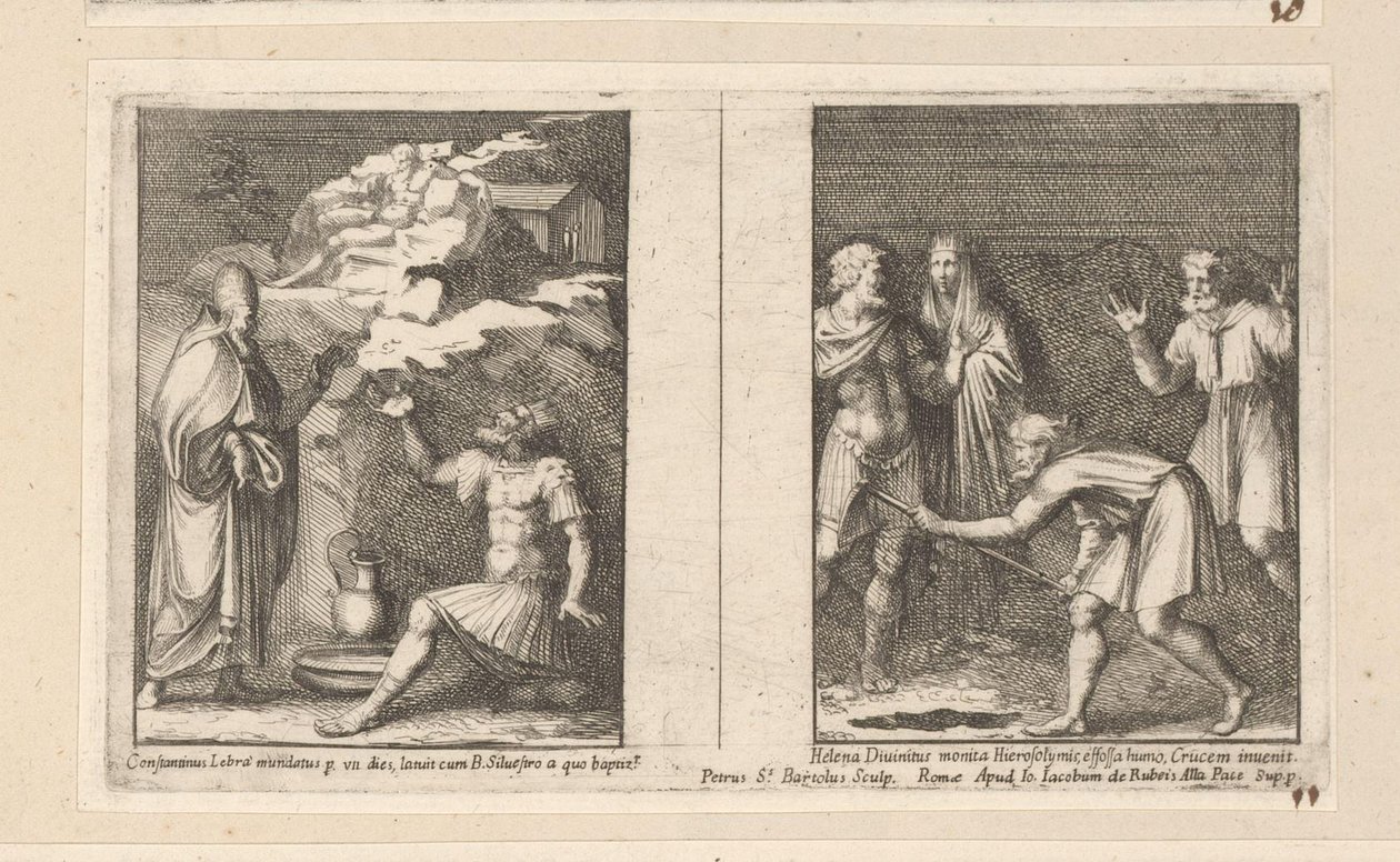 El Papa Silvestre cura a Constantino y Santa Elena encuentra la verdadera cruz Constantinus Lebra mundatus p un dies latuit cum B. Silvestro a quo baptiz (...) (título sobre el objeto) Historia del emperador Constantino (título de la serie) de Pietro Sante Bartoli