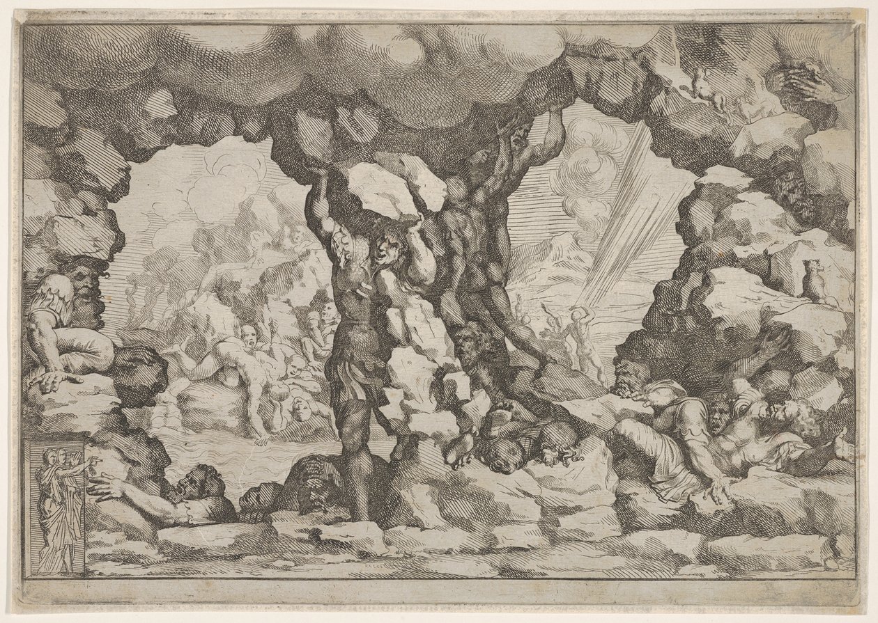 Un gigante levantando una roca en el centro, otros gigantes a la izquierda y derecha luchando, ca. 1680 de Pietro Santi Bartoli