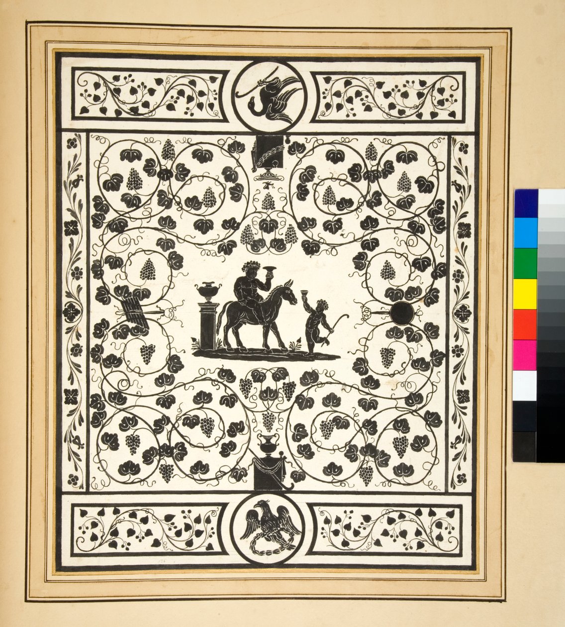 Copia de un pavimento de mosaico, negro sobre blanco, Pavimento de Bacco del Palazzo di Augusto de Pietro Santi Bartoli