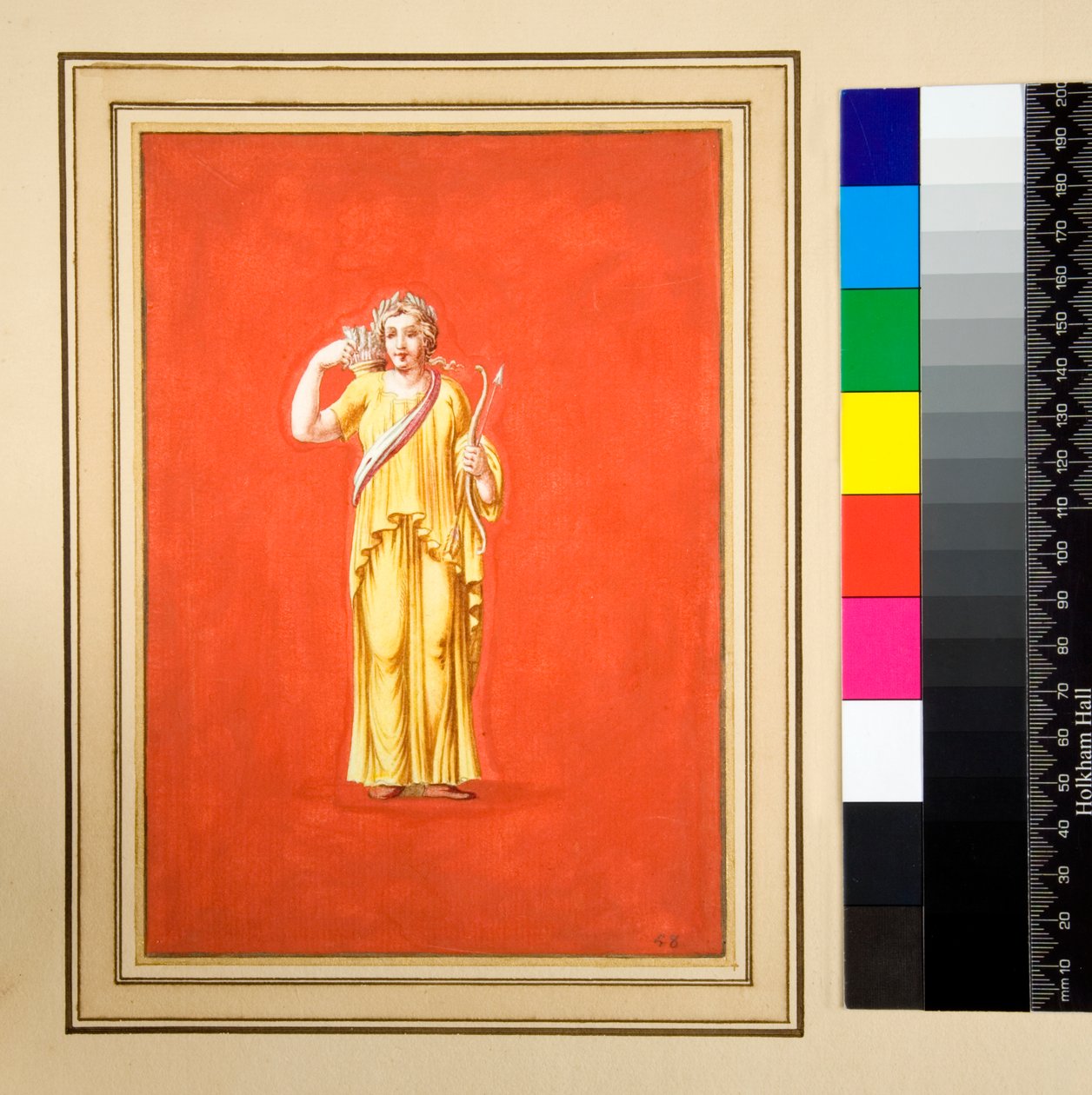 Figura femenina en amarillo, arco y flecha en la mano derecha de Pietro Santi Bartoli