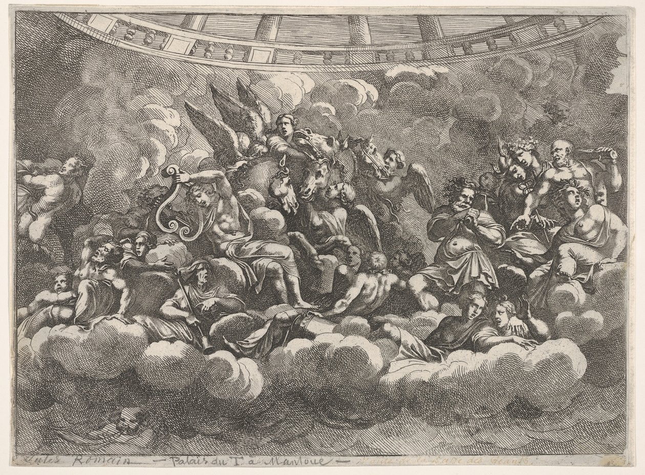 Reunión de varios dioses olímpicos y figuras mitológicas entre nubes, Apolo en el centro, ca. 1680 de Pietro Santi Bartoli