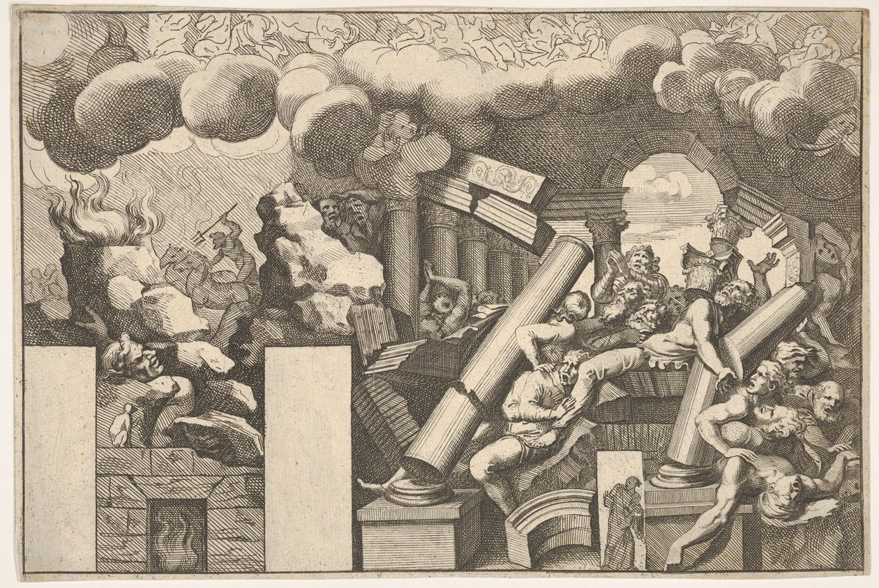 Gigantes aplastados por rocas y las columnas caídas del templo, nubes de humo arriba... de Pietro Santi Bartoli