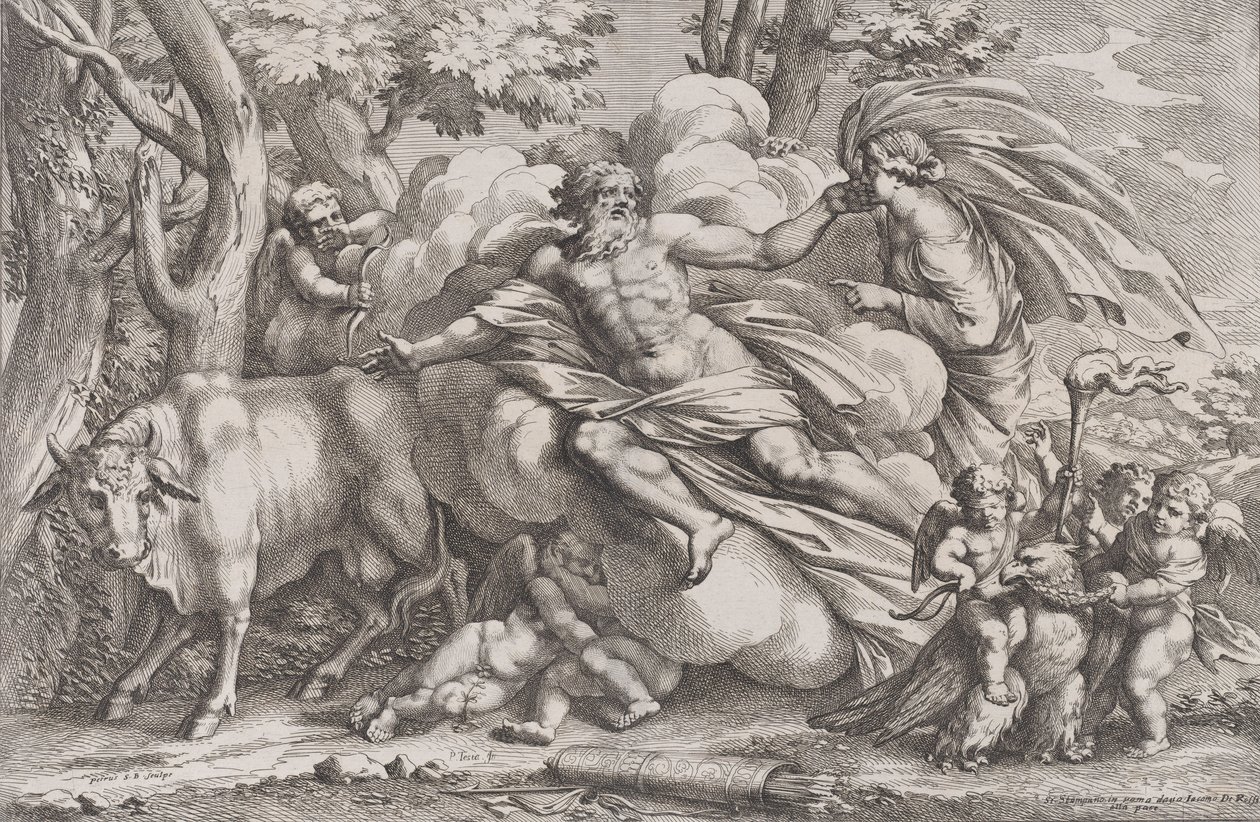 Io a la izquierda como una vaca, Júpiter en una nube en el centro y Juno a la derecha con pavo real, 1650-90 de Pietro Santi Bartoli