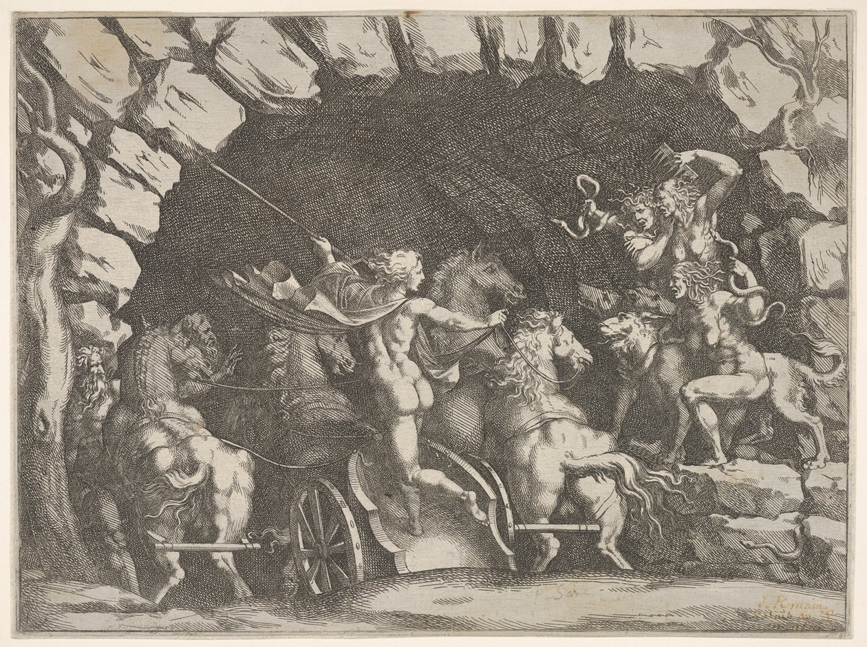 Plutón, visto desde atrás, entrando al inframundo en su carro, Cerbero y tres Furias, ca. 1680 de Pietro Santi Bartoli
