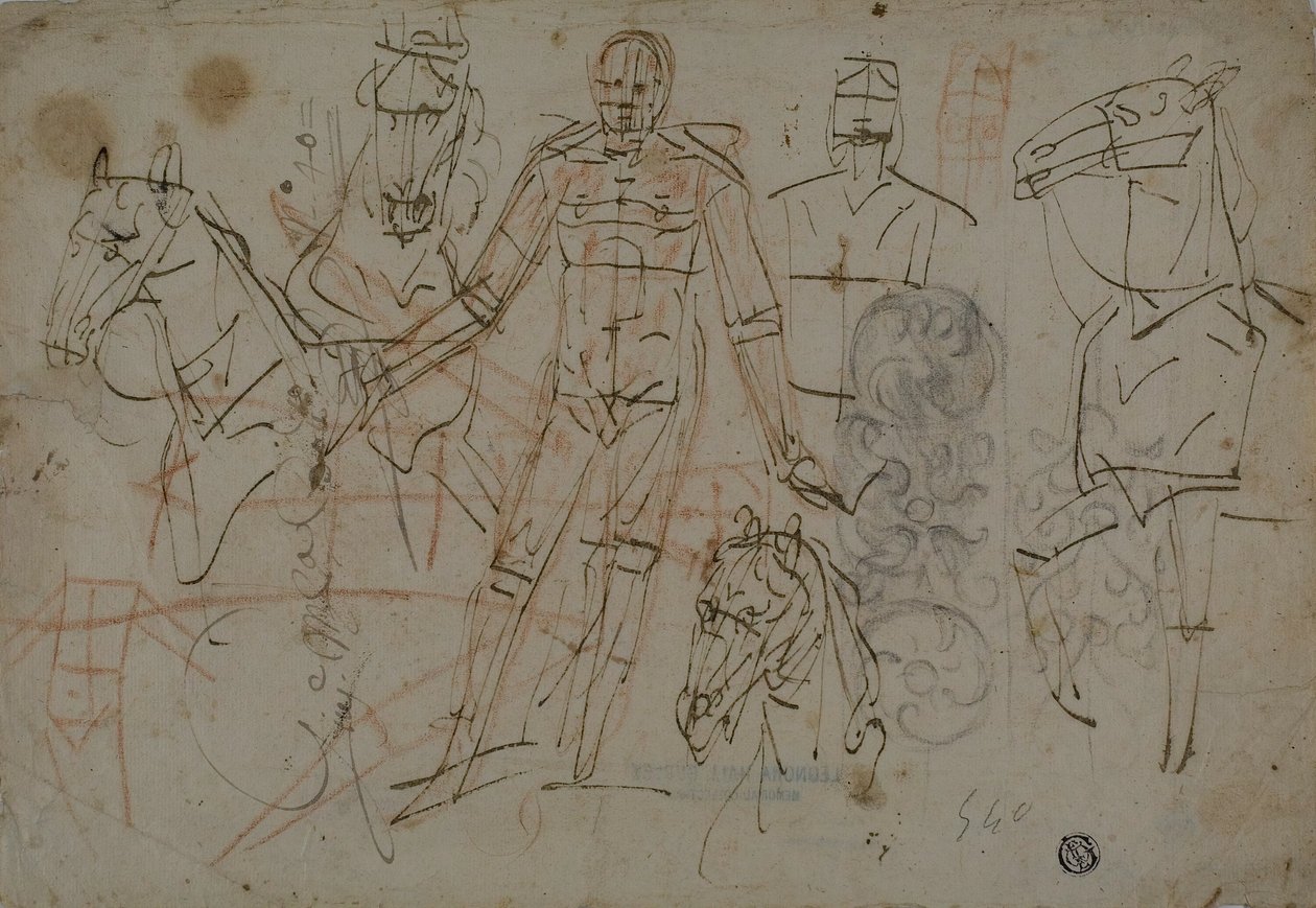 Bocetos de hombres, caballos y diseño decorativo de Pietro Sorri