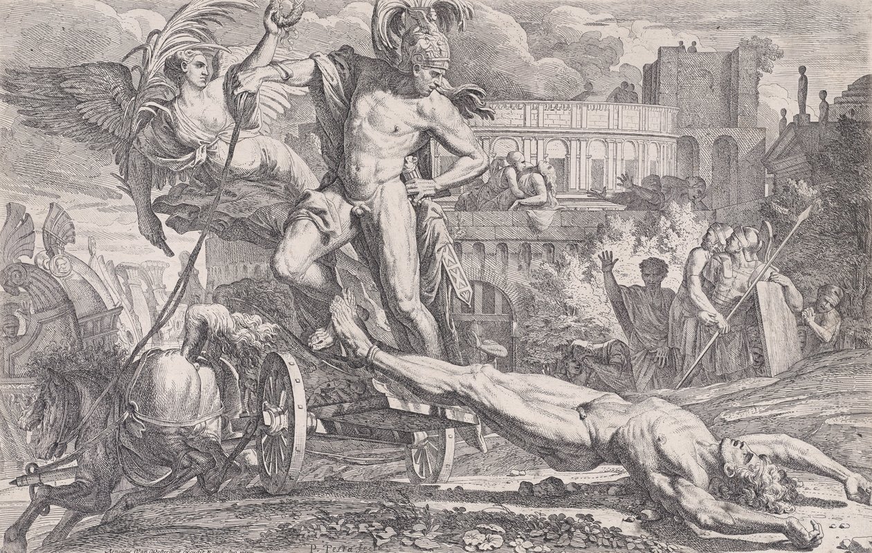 Aquiles arrastrando el cuerpo de Héctor alrededor de las murallas de Troya, 1648-50 de Pietro Testa