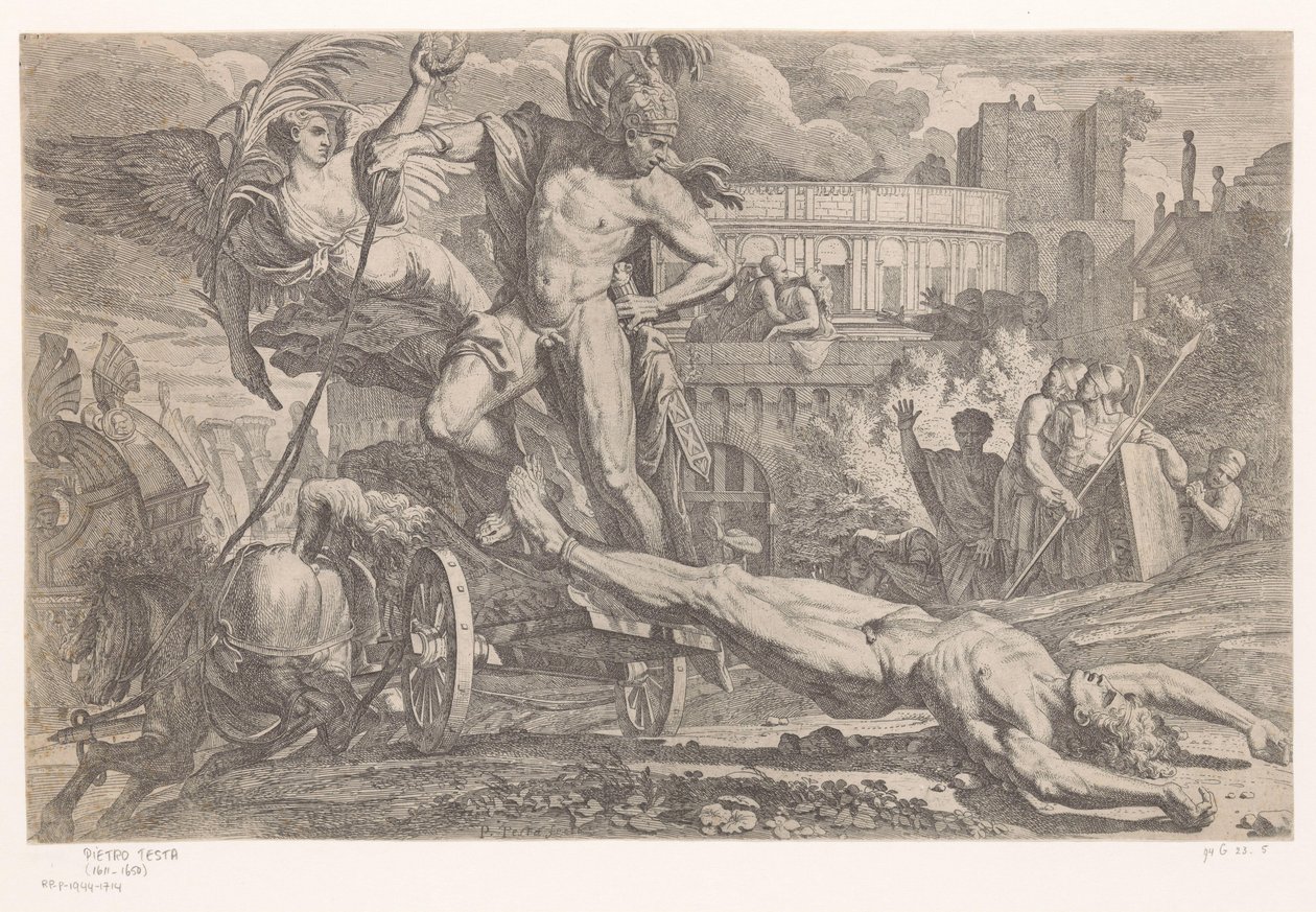 Aquiles con el cadáver de Héctor detrás de su carro. de Pietro Testa