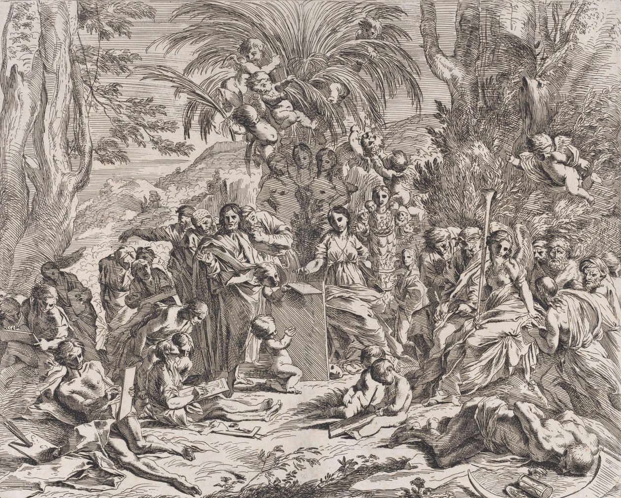 Una alegoría de la pintura, quien como un niño en el centro izquierdo dibuja en una tableta, 1637-38 de Pietro Testa