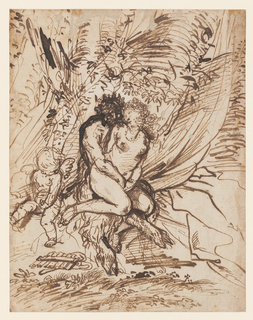 Pan abrazando a Venus observado por Cupido de Pietro Testa
