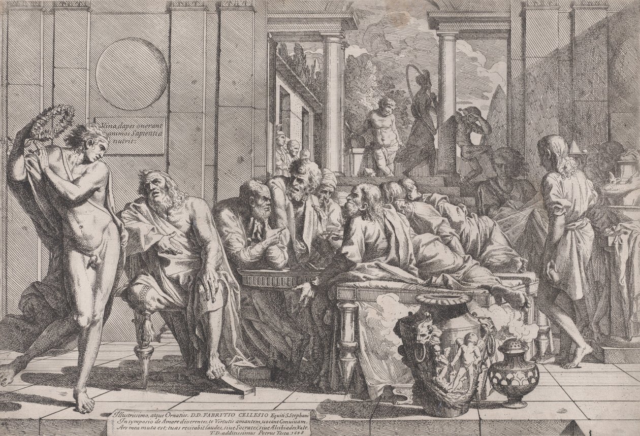 El simposio de Platón: Sócrates y sus compañeros sentados alrededor de una mesa discutiendo sobre el amor ideal de Pietro Testa