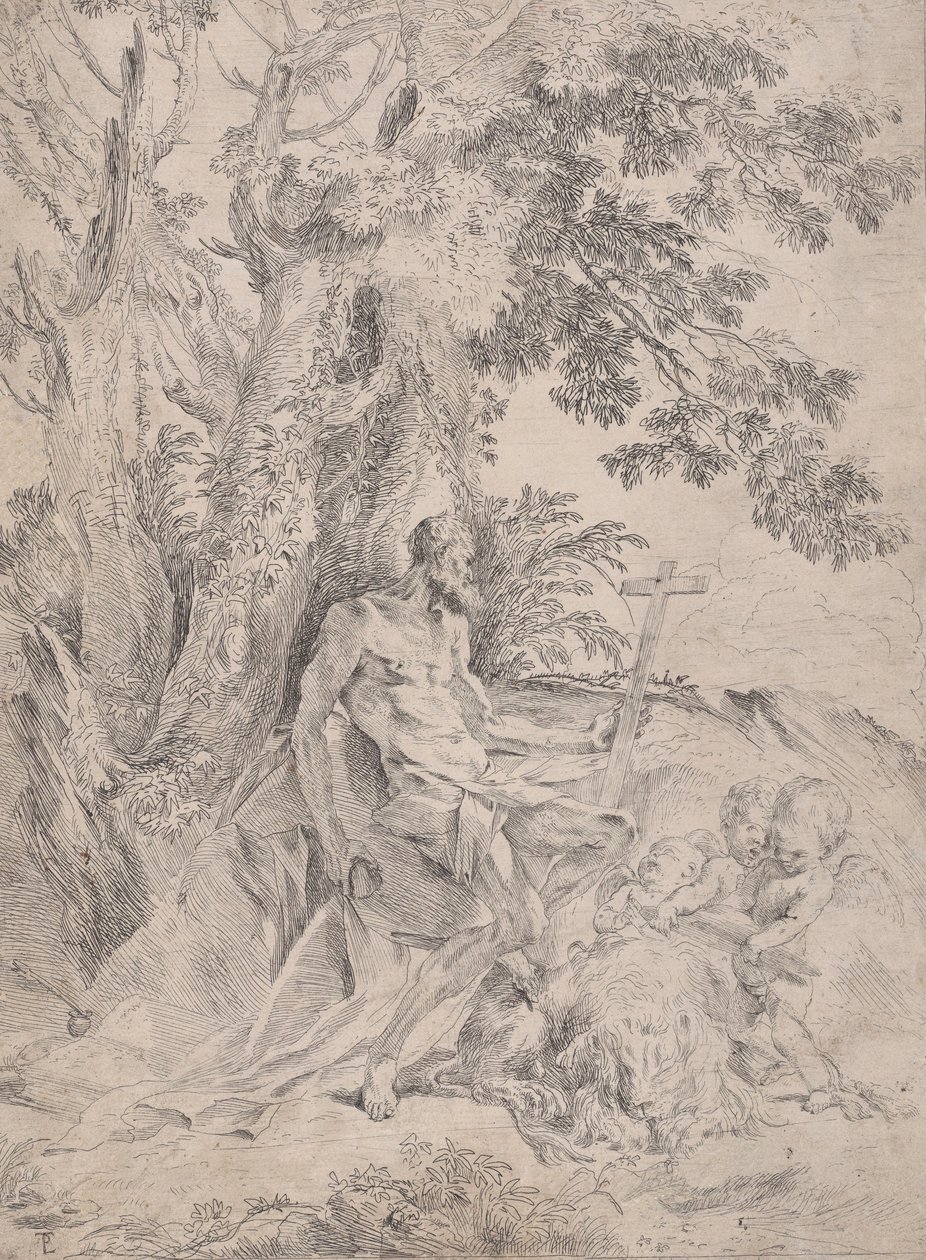 San Jerónimo ante un crucifijo acompañado de un león y tres putti, ca. 1631-1637 de Pietro Testa